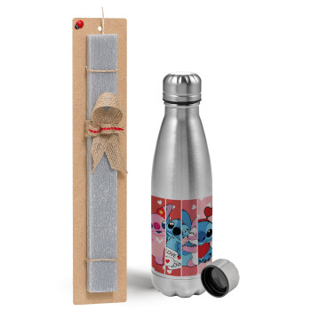 Lilo & Stitch Love, Easter Set, metallic Inox water bottle (750ml) & aromatic flat Easter candle (30cm) (GRAY)