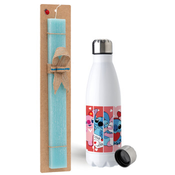 Lilo & Stitch Love, Easter Set, metallic stainless steel water bottle (750ml) & aromatic flat Easter candle (30cm) (TURQUOISE)