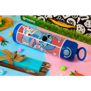 Lilo & Stitch Love, Easter candle, Childrens hot water bottle, stainless steel, with safety straw, BLUE (500ml)