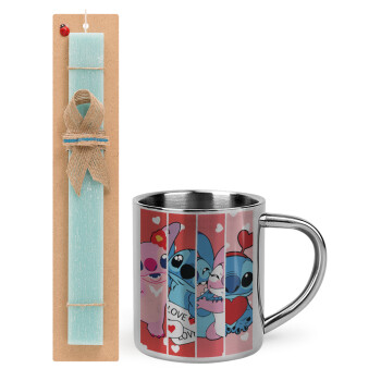 Lilo & Stitch Love, Easter Set, metallic thermal cup (300ml) & aromatic flat Easter candle (30cm) (TURQUOISE)