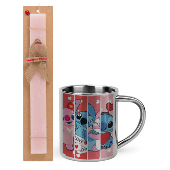 Lilo & Stitch Love, Easter Set, metallic thermal cup (300ml) & aromatic flat Easter candle (30cm) (PINK)