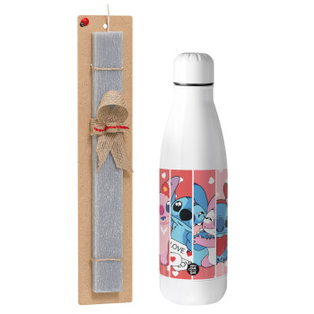 Lilo & Stitch Love, Easter Set, metallic stainless thermos bottle (500ml) & scented flat Easter candle (30cm) (GRAY)