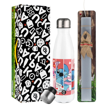 Lilo & Stitch Love, Easter candle, metallic white thermos bottle (500ml) & aromatic flat candle (30cm) (GRAY)