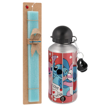 Lilo & Stitch Love, Easter Set, metallic silver aluminum water bottle (500ml) & scented flat Easter candle (30cm) (TURQUOISE)