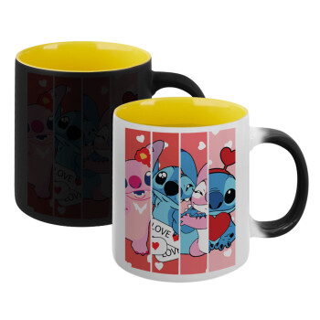 Lilo & Stitch Love, Κούπα Μαγική εσωτερικό κίτρινη, κεραμική 330ml που αλλάζει χρώμα με το ζεστό ρόφημα