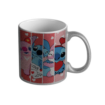 Lilo & Stitch Love, Κούπα Ασημένια Glitter που γυαλίζει, κεραμική, 330ml