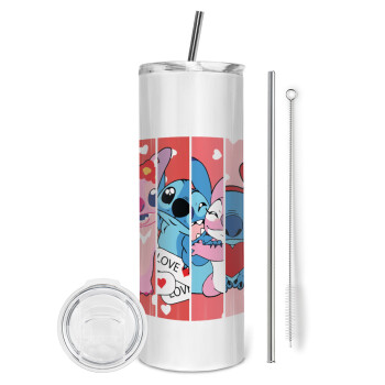 Lilo & Stitch Love, Eco friendly stainless steel tumbler 600ml, with metal straw & cleaning brush