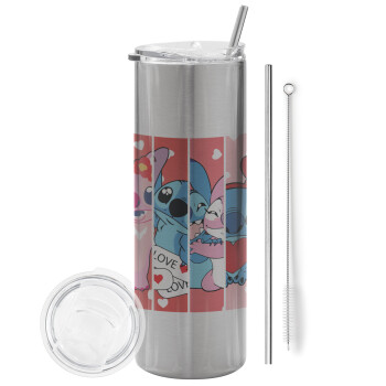 Lilo & Stitch Love, Eco friendly stainless steel Silver tumbler 600ml, with metal straw & cleaning brush