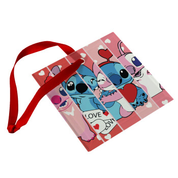 Lilo & Stitch Love, Χριστουγεννιάτικο στολίδι γυάλινο τετράγωνο 9x9cm