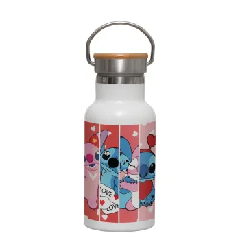 Lilo & Stitch Love, Metallic thermos (Stainless steel) White with wooden lid (bamboo), double-walled, 350ml