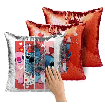 Lilo & Stitch Love, Μαξιλάρι καναπέ Μαγικό Κόκκινο με πούλιες 40x40cm περιέχεται το γέμισμα