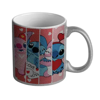 Lilo & Stitch Love, Κούπα Ασημένια Glitter που γυαλίζει, κεραμική, 330ml