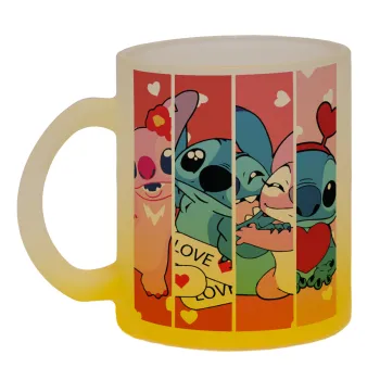 Lilo & Stitch Love, Κούπα γυάλινη δίχρωμη με βάση το κίτρινο ματ, 330ml