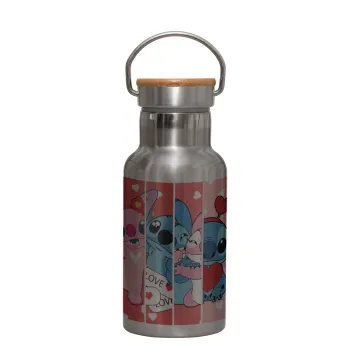 Lilo & Stitch Love, Μεταλλικό παγούρι θερμός (Stainless steel) Ασημένιο με ξύλινο καπακι (bamboo), διπλού τοιχώματος, 350ml