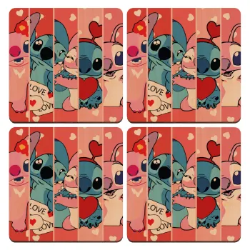 Lilo & Stitch Love, ΣΕΤ x4 Σουβέρ ξύλινα τετράγωνα plywood (9cm)