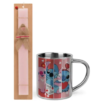 Lilo & Stitch Love, Easter Set, metallic thermal cup (300ml) & aromatic flat Easter candle (30cm) (PINK)