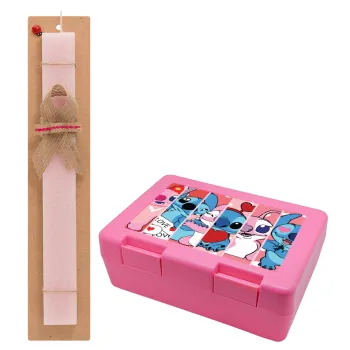 Lilo & Stitch Love, Easter Set, children's snack container PINK & scented flat Easter candle (30cm) (PINK)