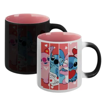 Lilo & Stitch Love, Κούπα Μαγική εσωτερικό ΡΟΖ, κεραμική 330ml που αλλάζει χρώμα με το ζεστό ρόφημα