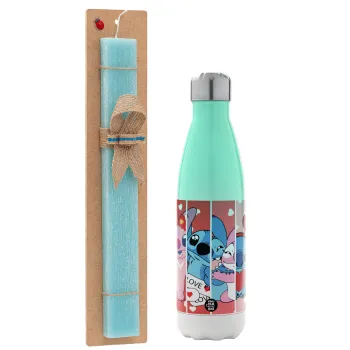 Lilo & Stitch Love, Easter Set, Metallic green/white thermos (Stainless steel), double-walled, 500ml & scented flat Easter candle (30cm) (TURQUOISE)