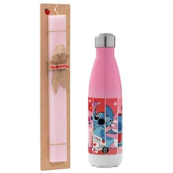 Lilo & Stitch Love, Easter Set, Metallic pink/white (Stainless steel) thermos, double-walled, 500ml & aromatic flat Easter candle (30cm) (PINK)