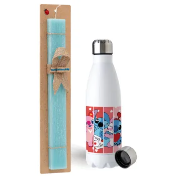 Lilo & Stitch Love, Easter Set, metallic stainless steel water bottle (750ml) & aromatic flat Easter candle (30cm) (TURQUOISE)