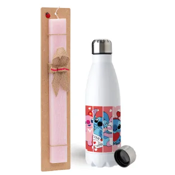Lilo & Stitch Love, Easter Set, metallic stainless steel water bottle (750ml) & scented flat Easter candle (30cm) (PINK)