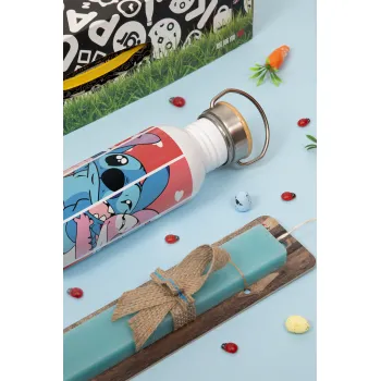 Lilo & Stitch Love, Πασχαλινή Λαμπάδα με παγούρι μεταλλικό Ασημένιο αλουμινίου (500ml) & κερί αρωματικό πλακέ (30cm) (ΤΙΡΚΟΥΑΖ)