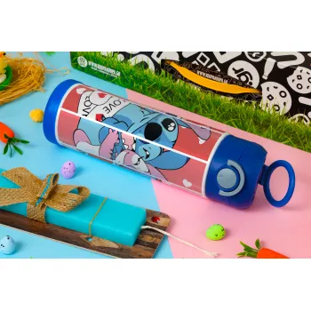 Lilo & Stitch Love, Πασχαλινή Λαμπάδα με Παιδικό παγούρι θερμό, ανοξείδωτο, με καλαμάκι ασφαλείας, ΜΠΛΕ (500ml)