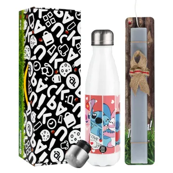 Lilo & Stitch Love, Easter candle, metallic white thermos bottle (500ml) & aromatic flat candle (30cm) (GRAY)