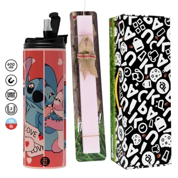Lilo & Stitch Love, Πασχαλινή Λαμπάδα με  ΡΟΖ Travel Tumbler θερμό (600ml, BPA free) & κερί αρωματικό πλακέ (30cm) (ΡΟΖ)