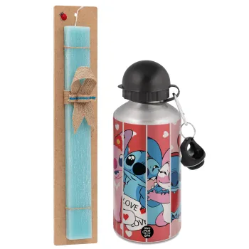 Lilo & Stitch Love, Πασχαλινή Λαμπάδα με παγούρι μεταλλικό Ασημένιο αλουμινίου (500ml) & κερί αρωματικό πλακέ (30cm) (ΤΙΡΚΟΥΑΖ)