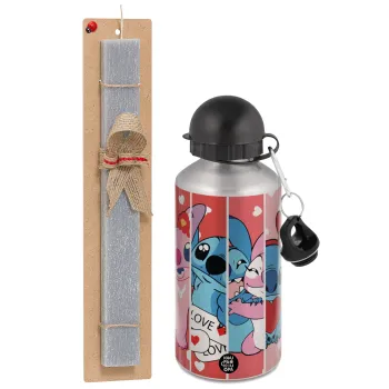 Lilo & Stitch Love, Πασχαλινή Λαμπάδα με παγούρι μεταλλικό Ασημένιο αλουμινίου (500ml) & κερί αρωματικό πλακέ (30cm) (ΓΚΡΙ)