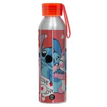 Lilo & Stitch Love, Αλουμινένιο Αθλητικό Μπουκάλι 650ml – Ασημί με Κόκκινο Καπάκι και Λουράκι Σιλικόνης