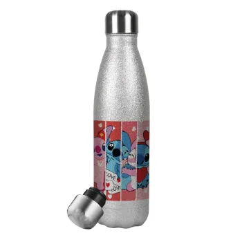 Lilo & Stitch Love, Metallic Glitter Silver Thermos Flask (Stainless steel), double-walled, 500ml