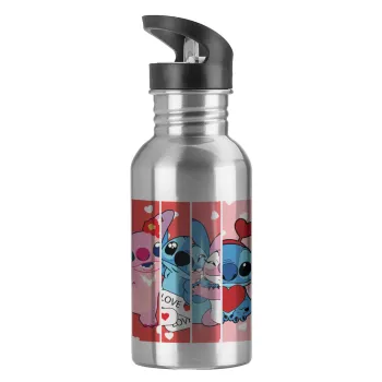 Lilo & Stitch Love, Water bottle Silver with straw, stainless steel 600ml