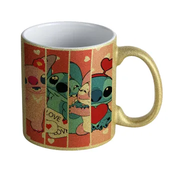 Lilo & Stitch Love, Κούπα Χρυσή Glitter που γυαλίζει, κεραμική, 330ml