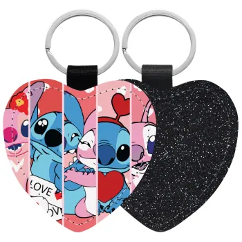 Lilo & Stitch Love, Μπρελόκ PU δερμάτινο glitter καρδιά ΜΑΥΡΟ