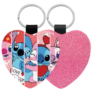 Lilo & Stitch Love, Μπρελόκ PU δερμάτινο glitter καρδιά ΡΟΖ