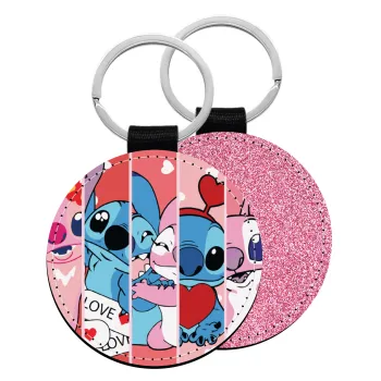 Lilo & Stitch Love, Μπρελόκ Δερματίνη, στρογγυλό ΡΟΖ (5cm)