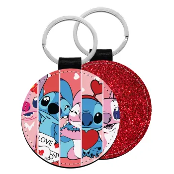 Lilo & Stitch Love, Μπρελόκ Δερματίνη, στρογγυλό ΚΟΚΚΙΝΟ (5cm)