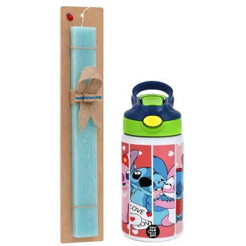 Lilo & Stitch Love, Πασχαλινή Λαμπάδα με Παιδικό παγούρι θερμό, ανοξείδωτο, με καλαμάκι ασφαλείας, πράσινο/μπλε (350ml) & κερί αρωματικό πλακέ (30cm) (ΤΙΡΚΟΥΑΖ)