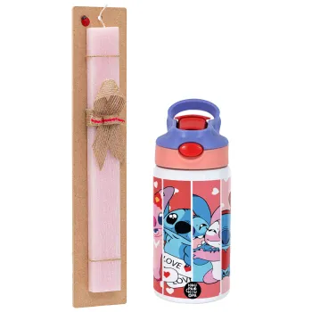 Lilo & Stitch Love, Easter Set, Children's thermal stainless steel water bottle with safety straw, pink/purple (350ml) & Easter scented flat candle (30cm) (PINK)