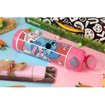 Lilo & Stitch Love, Easter candle, Childrens hot water bottle, stainless steel, with safety straw, PINK (500ml)