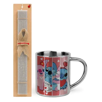 Lilo & Stitch Love, Easter Set, metallic thermal cup (300ml) & Easter aromatic flat candle (30cm) (GRAY)