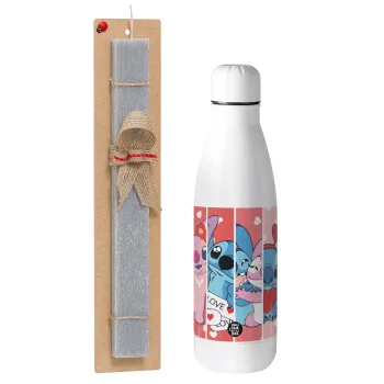 Lilo & Stitch Love, Easter Set, metallic stainless thermos bottle (500ml) & scented flat Easter candle (30cm) (GRAY)