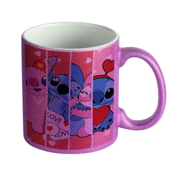 Lilo & Stitch Love, Κούπα Μωβ Glitter που γυαλίζει, κεραμική, 330ml