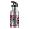 Water bottle Silver with straw, stainless steel 600ml