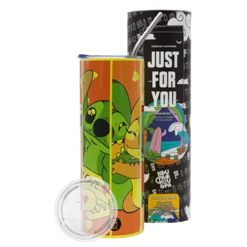 Lilo & Stitch Love, Neon Yellow Travel Tumbler θερμό, μεταλλικό καλαμάκι(Ανωξείδωτο 304 Food grade, BPA free, 600ml)