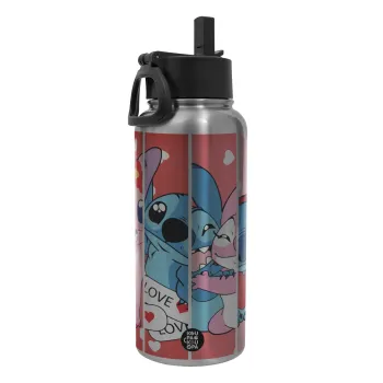 Lilo & Stitch Love, Metal mug thermo Silver with Straw and Spout Lid (Stainless steel), double wall, 950ml