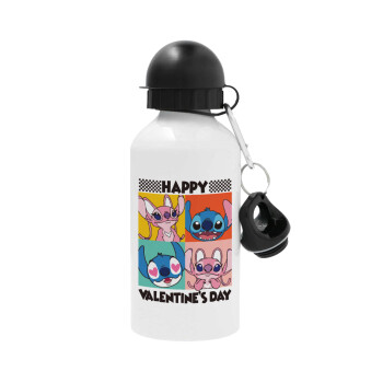 Lilo & Stitch Happy valentines day, Μεταλλικό παγούρι νερού, Λευκό, αλουμινίου 500ml